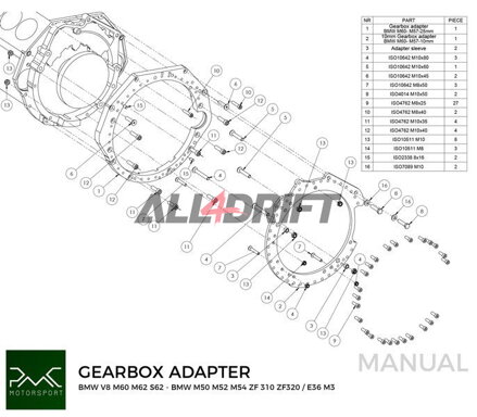 PMC adaptér pre motor BMW V8 M60 M62 S62 a prevodovky BMW M50 M52 M54 M57 S50 S52 S54 M2 M3 M4 DCT DKG GS7D36SG R6 N54 GS6-53BZ N52 N53 GS6-37BZ