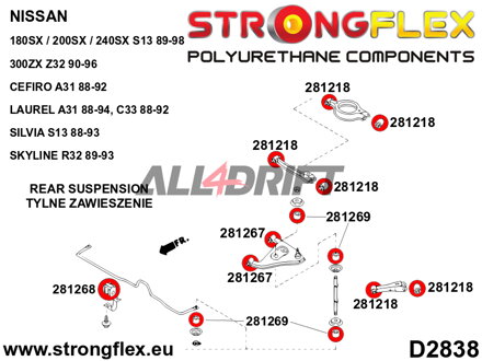 286084A Kompletná sada silentblokov náprav SPORT - Nissan V (88-98) S13